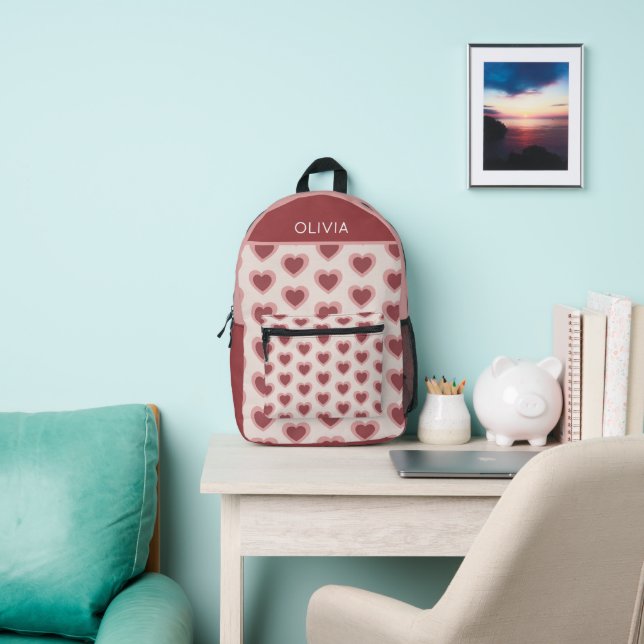Customized Y2K Heart in Bordeaux Pink Retro Printed Backpack (Insitu)