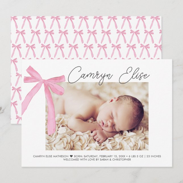 CustomPink Bow Ribbon Baby Girl Script Name Photo  Thank You Card (Front/Back)