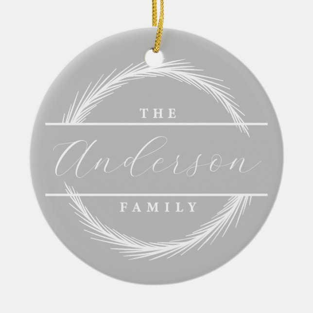 Custon Family name & photo w/ curved pine accents  Ceramic Tree Decoration (Front)