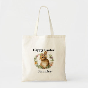 Custon Watercolor Cute Bunny Floral Happy Easter Tote Bag