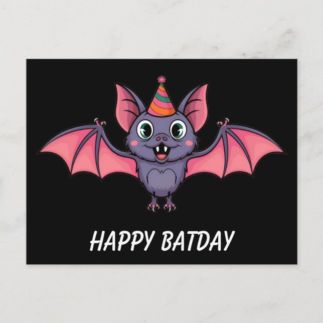 cut bat wearing birthday hat postcard (Front)