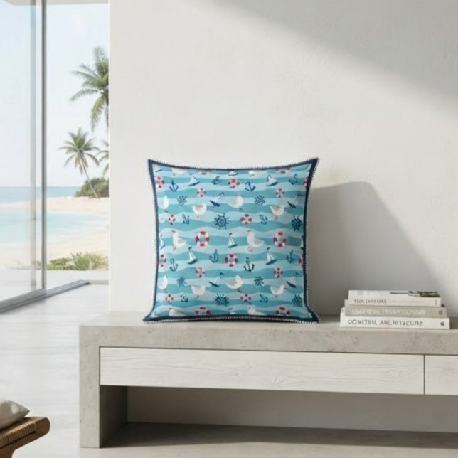 Cut Coastal Beach House Blue Marine Pattern  Cushion (Creator Uploaded)