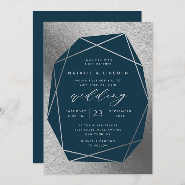 Cut Gemstone Any Colour Faux Silver Foil Wedding Invitation (Front/Back)