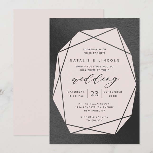Cut Gemstone Blush Pink & Black Foil Wedding Invitation (Front/Back)