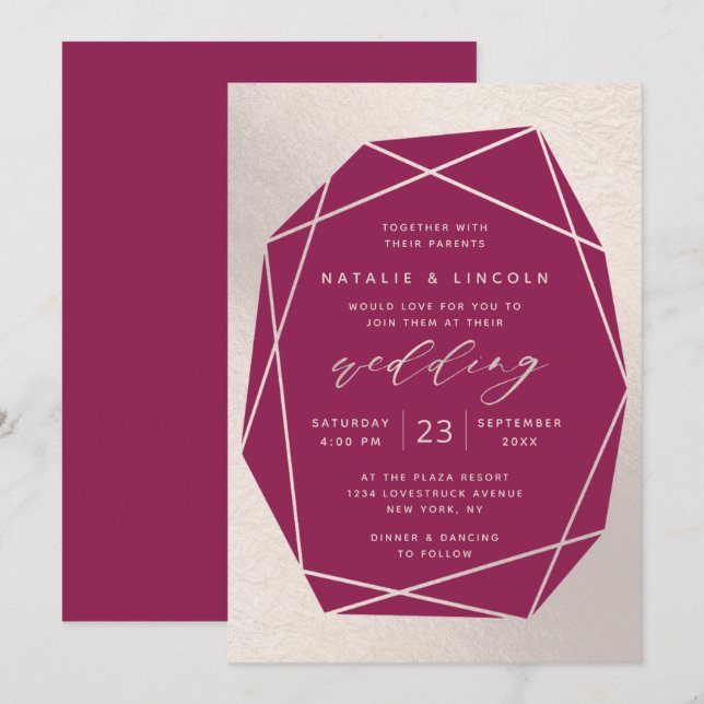Cut Gemstone Magenta & Champagne Pink Foil Wedding Invitation (Front/Back)