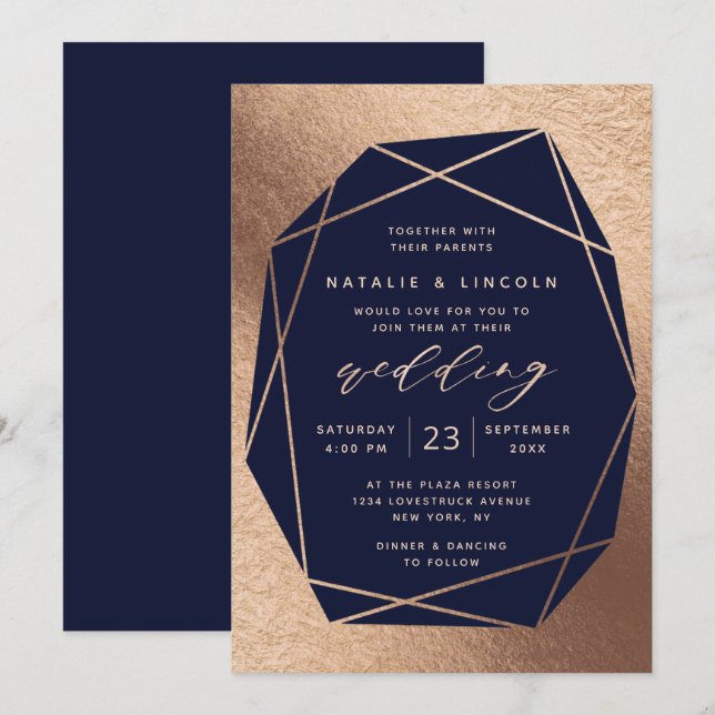 Cut Gemstone Navy Blue & Copper Foil Wedding Invitation (Front/Back)