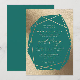 Cut Gemstone Teal Green & Gold Foil Wedding Invitation