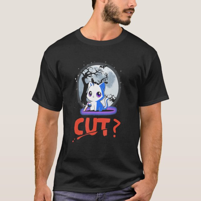 Cut Halloween Costume Murderous Cat With Bloody Kn T-Shirt (Front)