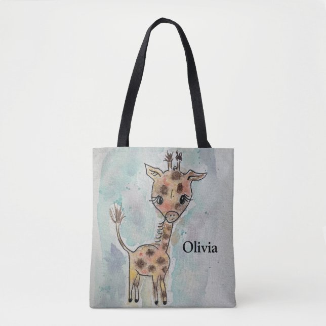 Cut Hand Drawn Painted Giraffe Name Tote Bag (Front)