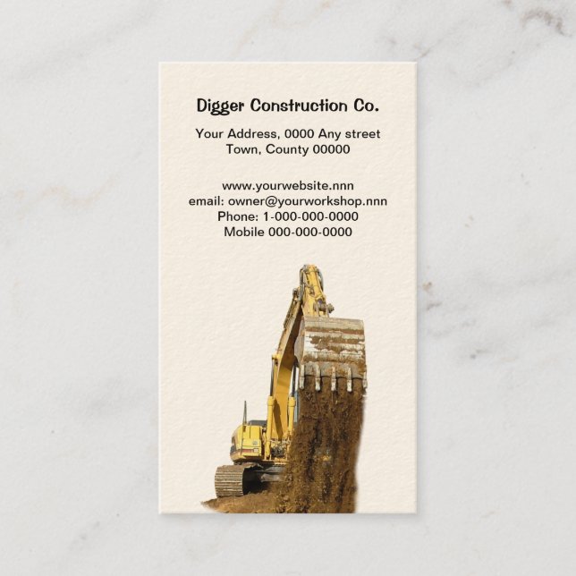 Cut out yellow digger with falling soil business card (Front)