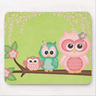 Cut Owls Branch Pink Mint Green Birds Mouse Mat