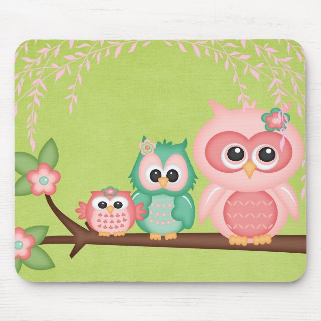 Cut Owls Branch Pink Mint Green Birds Mouse Mat (Front)