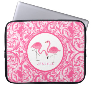 Cut Pair Of Pink Flamingos With Pink Swirls Laptop Sleeve