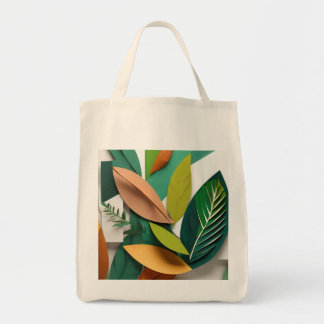 Cut paper leaves in green and gold tote bag
