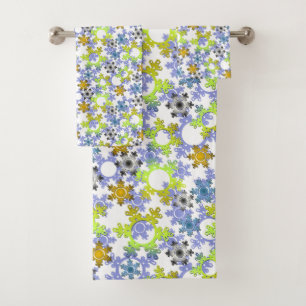 Cut paper snowflakes multicolored on white  bath towel set