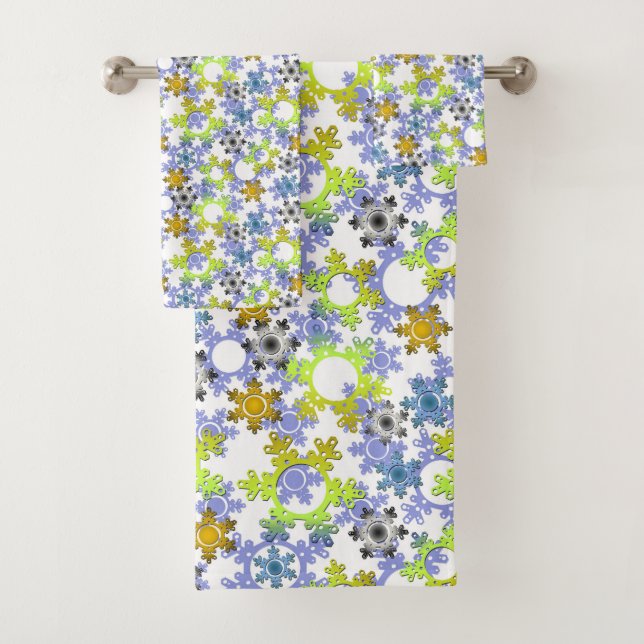 Cut paper snowflakes multicolored on white  bath towel set (Insitu)