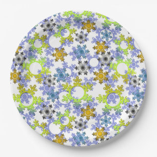 Cut paper snowflakes multicolored on white  plate