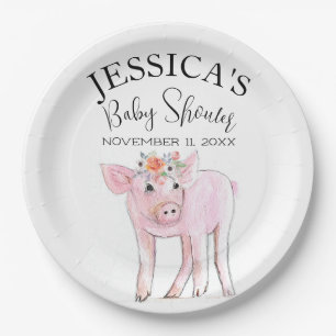 Cut Piggy Watercolor Baby Shower Boho Girl Paper Plate