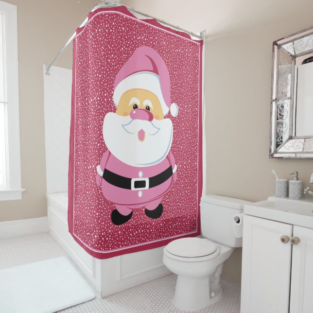 Cut pink whimsical Santa Claus Christmas holiday Shower Curtain (In Situ)