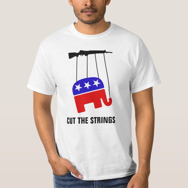 "Cut the Strings" Pro Gun Control Anti Gun Lobby T-Shirt (Front)