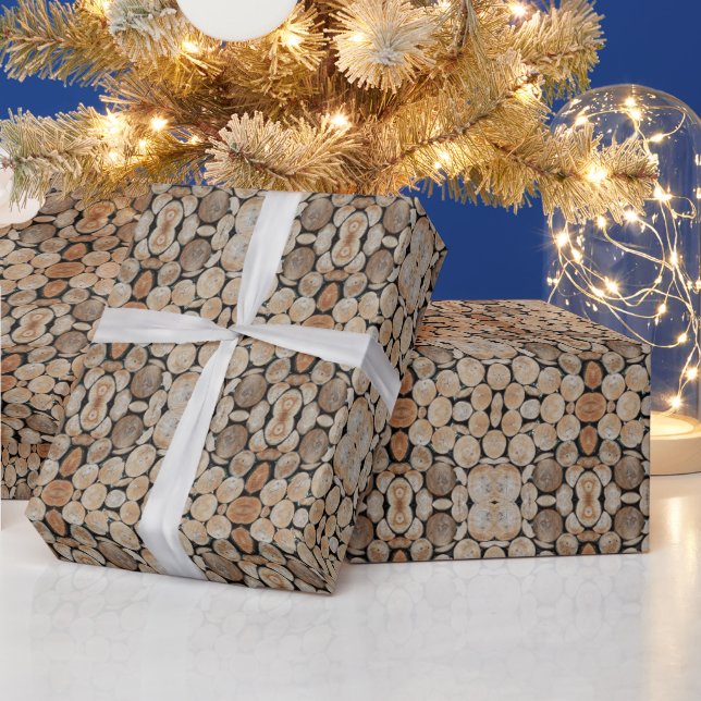 Cut Tree Branch Logs Stacked Pattern Photograph Wrapping Paper (Holidays)