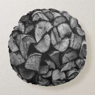Cut Tree Logs Stacked Together Black & White Photo Round Cushion