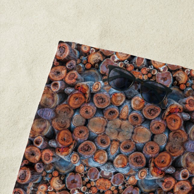 Cut Tree Logs Stacked Together Pattern Photograph Beach Towel (In Situ)