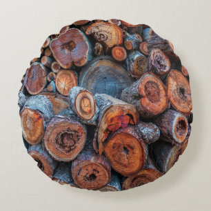 Cut Tree Logs Stacked Together Pattern Photograph Round Cushion