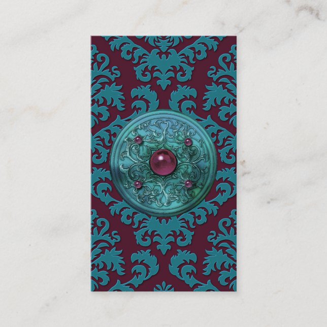 Cut Velvet, MEDALLION in TEAL BLUE and BURGUNDY Business Card (Front)