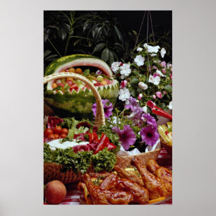 Cut watermelon fruit basket with flowers poster