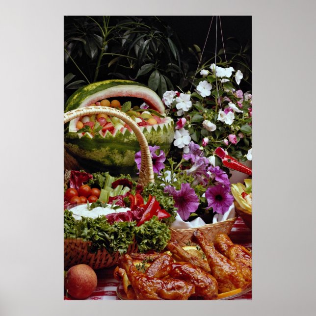 Cut watermelon fruit basket with flowers poster (Front)