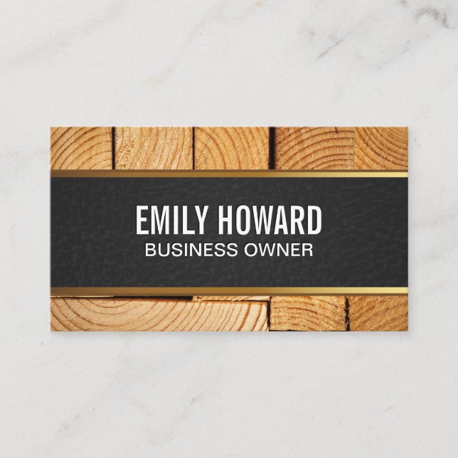 Cut Wood | Black Leather Gold Trim Business Card (Front)