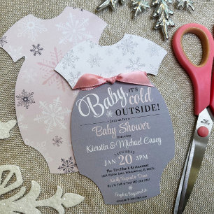 Cut-Your-Own Baby Bodysuit Pink Snowflake Shower Invitation