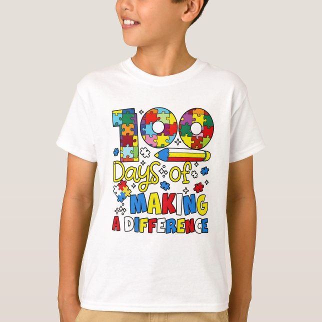 Cute 100 Days Making A Difference Puzzle Inclusion T-Shirt (Front)