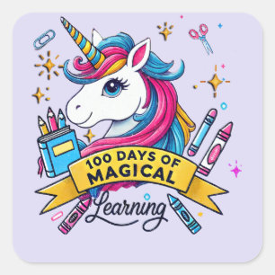 Cute 100 Days of School Magical Learning Unicorn Square Sticker