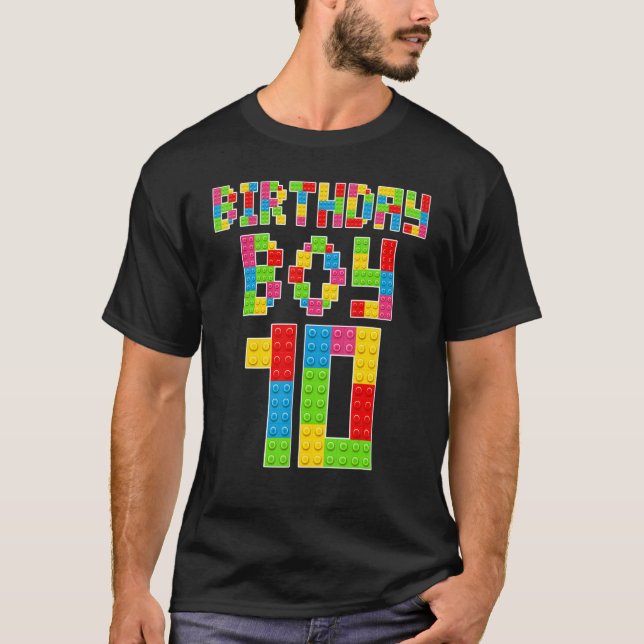 Cute 10th Birthday 10 Years Old Block Building Boy T-Shirt (Front)