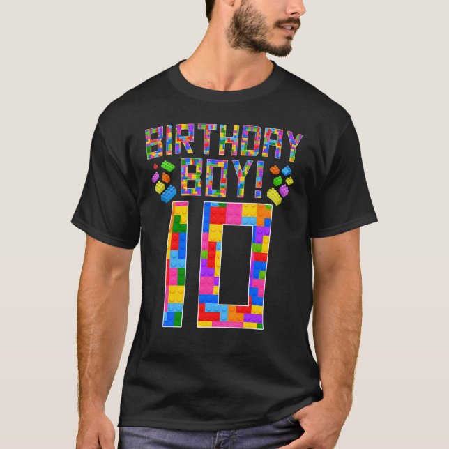 Cute 10th Birthday 10Years Old Block Building Boys T-Shirt (Front)