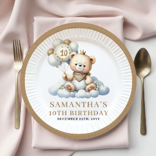 Cute 10th Birthday Teddy Bear Gold Balloon Plates