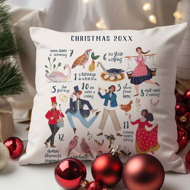 Cute 12 Days of Christmas Classic Illustration Cushion (12 Days of Christmas custom year traditional classic illustration holiday throw pillow decor.)