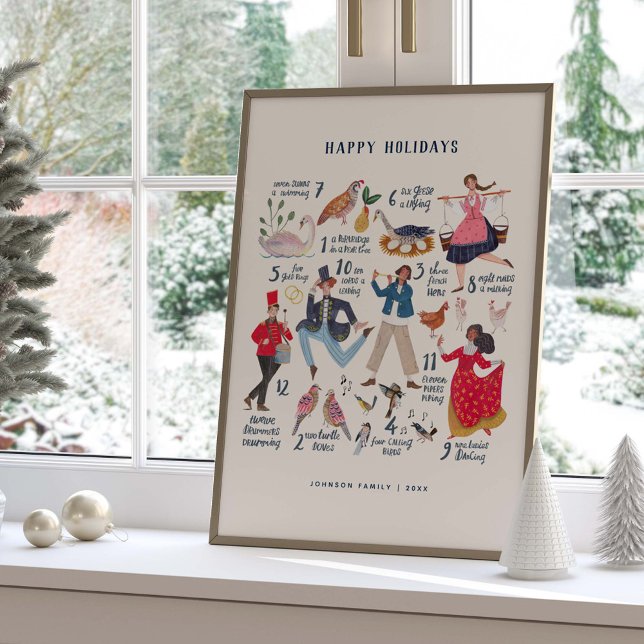 Cute 12 Days of Christmas Classic Illustration  Poster (Twelve Days of Christmas elegant traditional Wall Art Decoration)