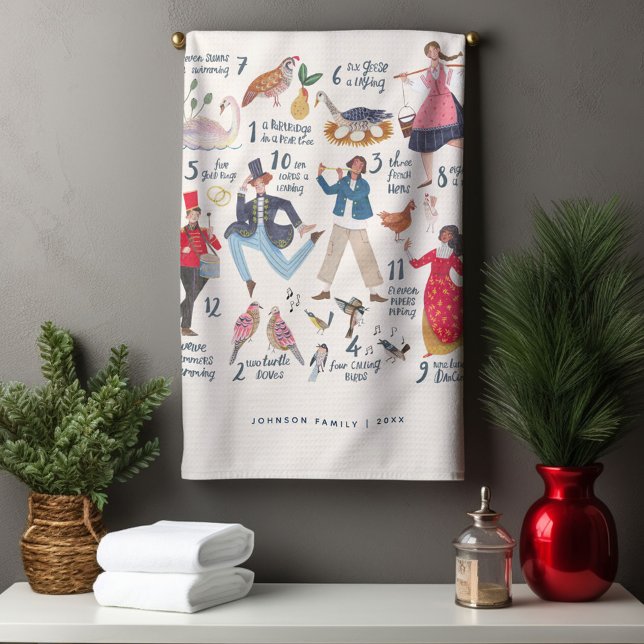 Cute 12 Days of Christmas Classic Illustration  Tea Towel (12 Days of Christmas Traditional Classic Illustration Tea Towel Holiday gift.)