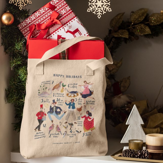 Cute 12 Days of Christmas Classic Illustration  Tote Bag (12 Days of Christmas Traditional Classic Gift Tote bag)
