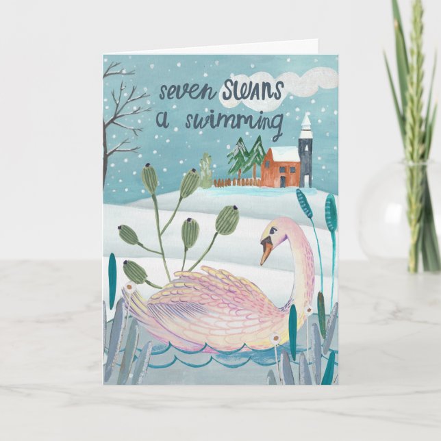 Cute 12 days of Christmas Seven Swans Swimming Card (Front)