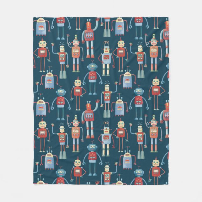 Cute 1950s Style Retro Robot Pattern Dark Fleece Blanket (Front)