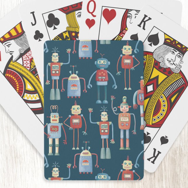 Cute 1950s Style Retro Robot Pattern Dark Playing Cards (Fun retro robot pattern art playing cards)