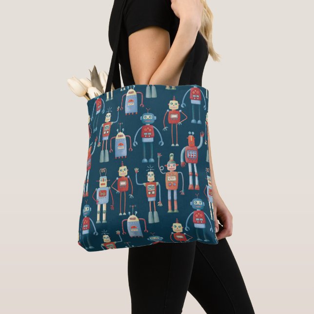 Cute 1950s Style Retro Robot Pattern Dark Tote Bag (Close Up)