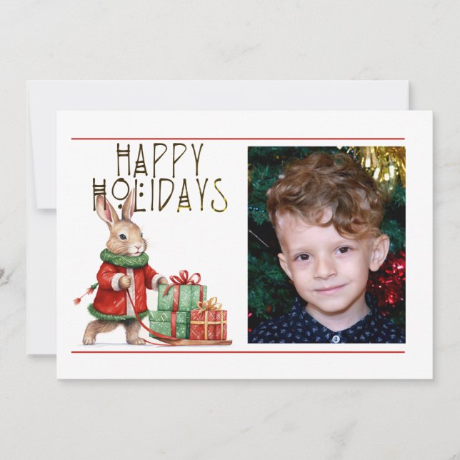 Cute 1 Photo HAPPY HOLIDAYS CHRISTMAS RABBIT Holiday Card (Front)