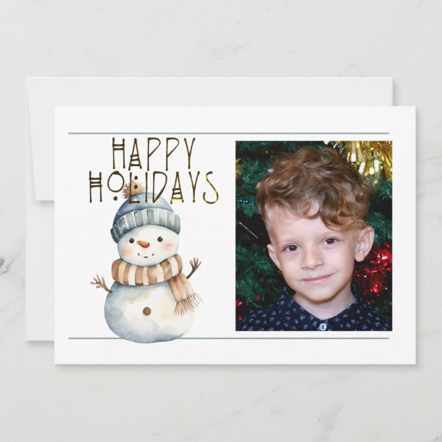 Cute 1 Photo HAPPY HOLIDAYS SNOWMAN IN HAT & SCARF Holiday Card (Front)