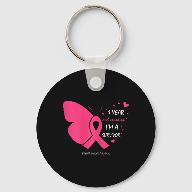Cute 1 Year Breast Cancer Free Pink Survivor Gifts Key Ring (Front)