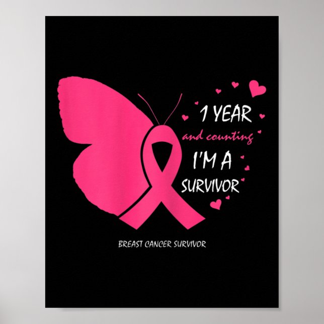 Cute 1 Year Breast Cancer Free Pink Survivor Gifts Poster (Front)